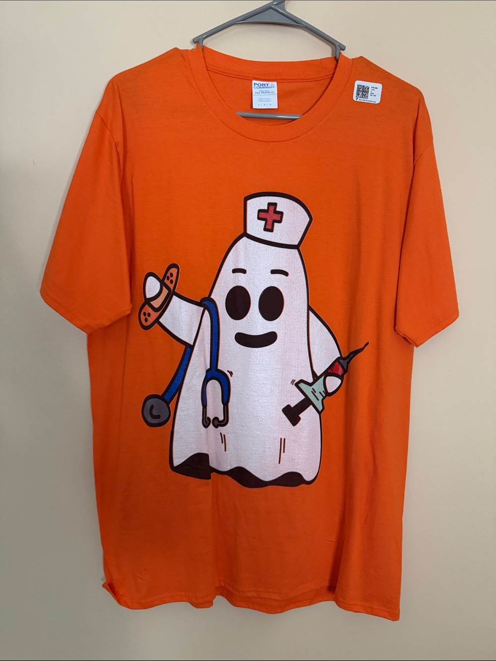 Port and Company Orange Short Sleeve Tee with Ghost Nurse Graphic